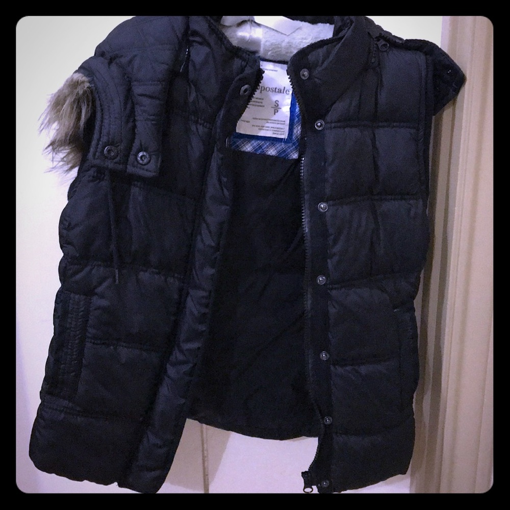 Black Aeropostale puffer vest with faux fur hood.